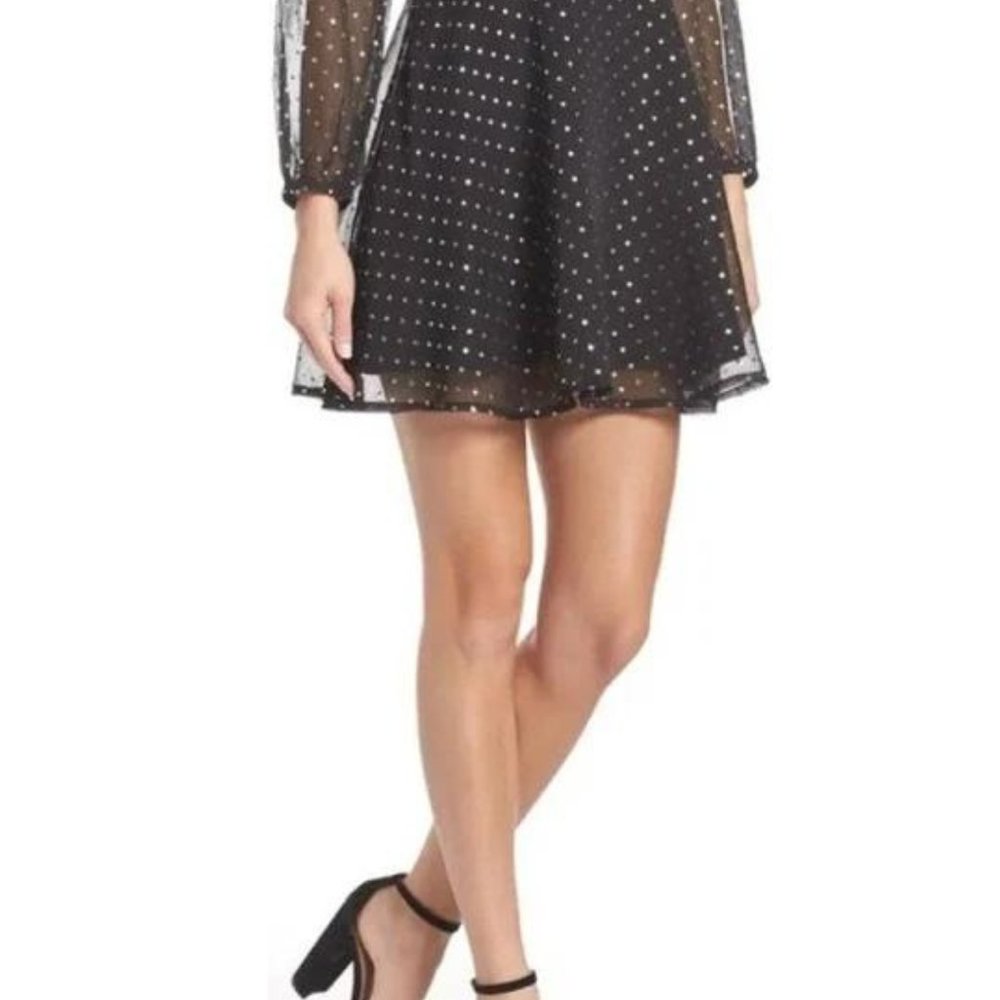 BB Dakota Dress Black Silver  Stars  SZ 0 Short Skater style Flare Long Sleeves - Picture 5 of 8
